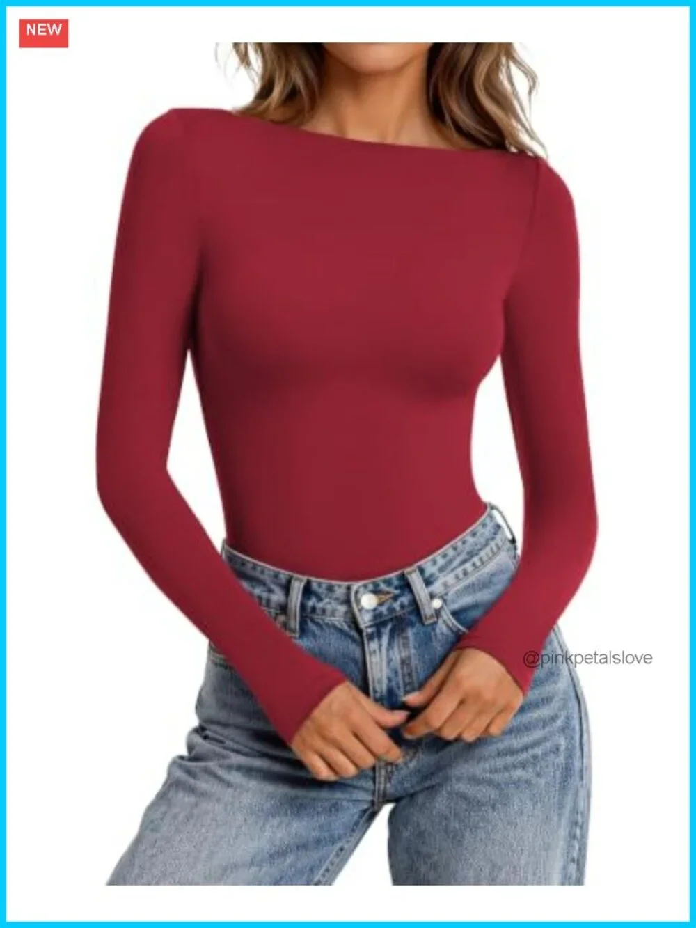 Long Sleeve Bodysuit Boat Neck Slim Fit Double Lined Stretch